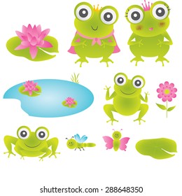 Cute little frog prince with a golden crown on its head illustration 