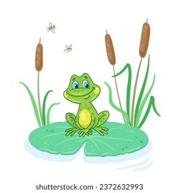 Cute little frog sits on a big green leaf among the lake. In cartoon style. Isolated on white background. Vector illustration.