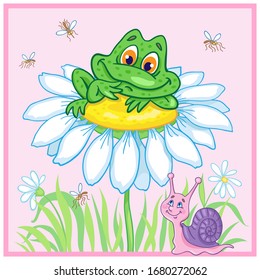 A cute little frog is sitting on a big chamomile and a small snail is nearby. Card in cartoon style on a pink background. Vector illustration