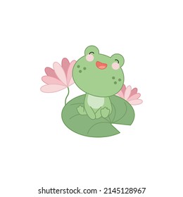 A cute little frog sitting on a water lily leaf.