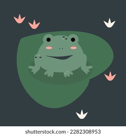 Cute little frog sitting on a leaf, water lily flowers, cartoon flat vector illustration