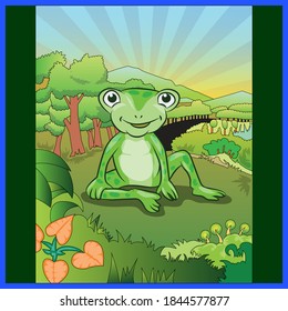 cute little frog smiling with cartoon landscape background