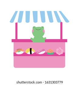 cute little frog in sweet pastry kiosk vector illustration design