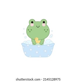 A cute little frog taking a bubble bath with a yellow rubber duck.