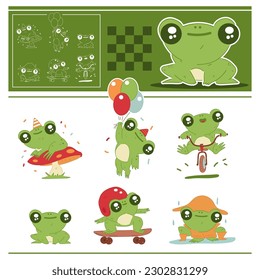 Cute little frogs vector cartoon set isolated on a white background.