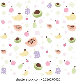 Cute little fruits seamless pattern. Vector, colorful and fun illustration for decoration, posters, wallpaper, cards, stationary and others. 