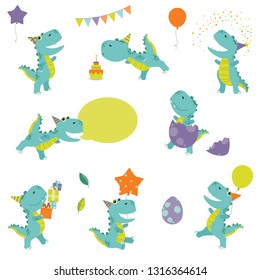 Cute Little Funny Colorful Cartoon T Rex Dinosaur Birthday Party Set Flat Color Vector Illustration  Isolated on White