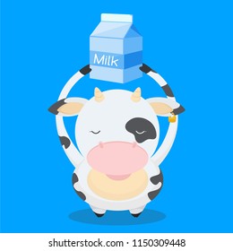 Cute, little, funny the cow smiles and holds milk over his head. Milk, farm, pet, cow, calf. Nice face, spots on the body. Modern vector flat design image isolated on blue background. Can use as logo