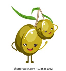 Cute, little, funny, delicious, yummy, tasty, tasteful green olive with a smiling face with legs and waving his hand. Healthy food, salad Modern vector flat image design isolated on white background