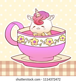 Cute little funny kawaii animal pet unicorn illustration in a tea coffee cup cartoon vector print illustration.