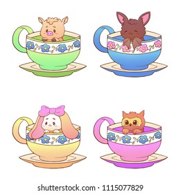 Cute little funny kawaii animal owl, bat, pig, rabbit pet illustration in a tea coffee cup cartoon vector print illustration.