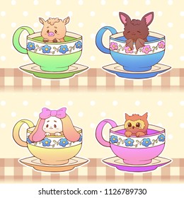 Cute little funny kawaii animal owl, bat, pig, rabbit pet illustration in a tea coffee cup cartoon vector print illustration.
