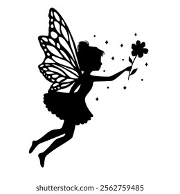 Cute little garden fairy with flower. Fairy silhouette vector cartoon illustration. 