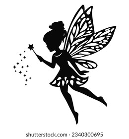 Cute little garden  fairy with a magic wand.
Fairy silhouette vector cartoon illustration