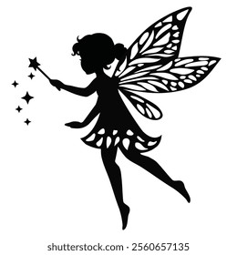 Cute little garden  fairy with a magic wand.
Fairy silhouette vector cartoon illustration