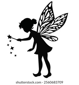 Cute little garden  fairy with a magic wand.
Fairy silhouette vector cartoon illustration