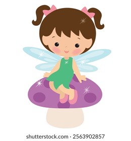 Cute little  garden fairy sitting on the mushroom vector cartoon illustration