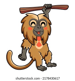Cute little gelada monkey cartoon hanging on tree