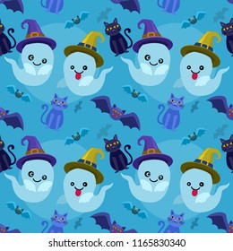 cute little ghost with bat and cat seamless pattern.