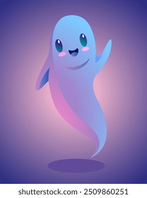 Pequeño fantasma lindo con ojos grandes y sonrisa, agitando su mano en saludo, diseño de Halloween