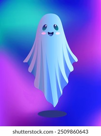 Pequeño fantasma lindo con ojos grandes y sonrisa, cubierto con una sábana blanca, diseño de Halloween