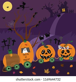 Cute a little ghost cartoon having fun in pumpkin train, with background of Halloween night,  illustration vector by freehand doodle comic art.