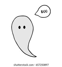 Cute little ghost cartoon, vector illustration doodle drawing. Isolated on transparent background with bubble saying boo.