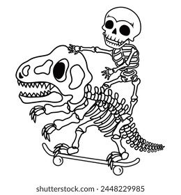Cute little ghost cartoons with various personalities that can be used as Halloween props. Skeleton rides on the back of a dinosaur skeleton and skateboards.