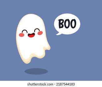 Cute little ghost celebrating Halloween holiday and boo text white balloon