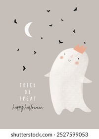 Pequeño fantasma lindo en una corona. Feliz Halloween. Linda Ilustración vectorial dibujada a mano de Halloween con Kawaii Style Ghost. Divertido estampado de Halloween con fantasma blanco y luna sobre un fondo gris. RGB.