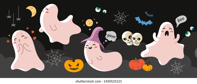 Cute little ghost flat design illustration and  face expressions  Happy haloween graphic character  spirit  hat   skeletons october celebration  Pumkin   kawaii flying ghost in comic style
