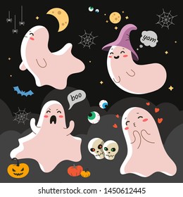 Cute little ghost flat design illustration with  face expressions. Happy haloween graphic character, spirit, hat and skeletons of october celebration. Pumkin and kawaii flying ghost in comic style
