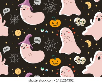 Cute little ghost flat design illustration made as seamless pattern . Happy halloween graphic character, spirit, hat and skeletons of october celebration. Kawaii flying ghost in comic style, for print