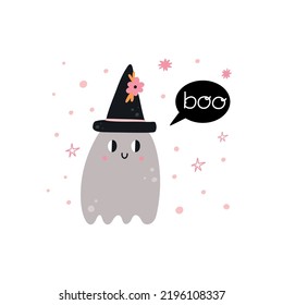 Cute little ghost  Halloween kids print  Hand drawn funny character in hat  t  shirt decor  Autumn holiday card poster  Handwritten boo lettering phrase  Vector cartoon illustration