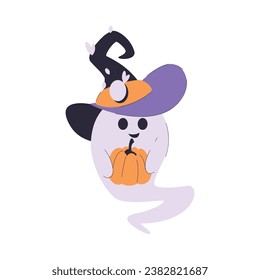 Cute Little Ghost in Hat with Pumpkin as Halloween Trick or Treat Night Party Element Vector Illustration