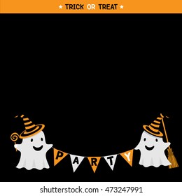 Cute little ghost with hat witch take a candy and broomstick in black background design for happy halloween holiday party invitation template card.Illustration vector.Black space for copy text.