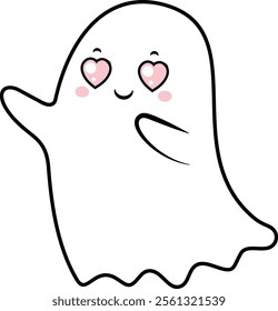 Cute little ghost with heart shaped eyes waving its hand, representing love, affection, and positive emotions, ideal for Halloween or Valentine s Day projects