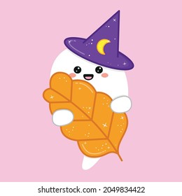 Cute Little Ghost Holding Autumn Leaf. Happy Halloween! illustration with cute ghost