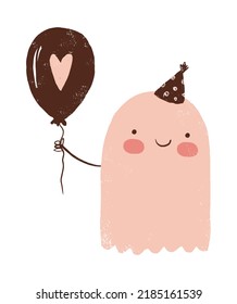 Cute Little Ghost Holding Baloon and Heart Print  Funny Halloween Vector Illustration ideal for Card  Wall Art  Poster  Invitation  Pink Hand Drawn Ghost White Background  Halloween Doodle  