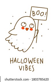 Cute little ghost isolated on white background - cartoon character for funny Halloween greeting card and poster design
