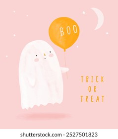 Cute Little Ghost with Orange Balloon. Trick or Treat. Cute Halloween Hand Drawn Vector Illustration with Kawaii Style Ghost. Funny Halloween Print with White Ghosts and Moon on a Pastel Pink. RGB.