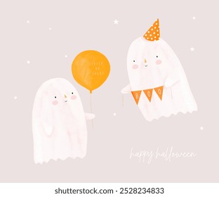 Cute Little Ghost with Orange Balloon. Cute Halloween Hand Drawn Vector Illustration with Kawaii Style Ghost Holding Party Garland with "BOO". Funny Halloween Print with White Ghosts on a Gray. RGB.