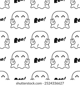 CUTE LITTLE GHOST WITH PEACE GESTURE SEAMLESS PATTERN DESIGN