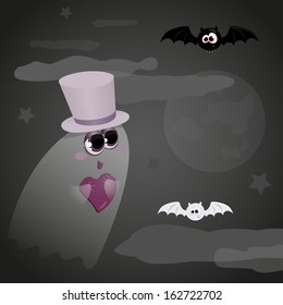 Cute little ghost with a pink heart in hands