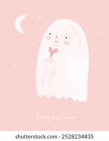 Cute Little Ghost with Pink Heart. Happy Halloween. Cute Halloween Hand Drawn Vector Illustration with Kawaii Style Ghost. Funny Halloween Print with White Ghost and Moon on a Pastel Pink. RGB.