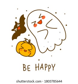 Pequeño fantasma lindo con calabaza y murciélago aislado en fondo blanco - personaje de caricatura para divertida tarjeta de saludo de Halloween y diseño de afiches