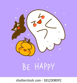 Cute little ghost with pumpkin and bat on purple background - cartoon character for funny Halloween greeting card and poster design