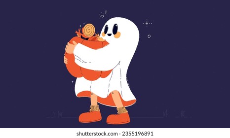 A cute little ghost with pumpkin and candy.  tricks or treats.  A child in a ghost costume for Halloween.  trendy vector illustration 