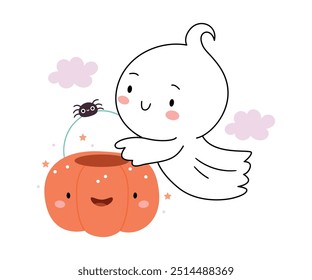 A cute little ghost with pumpkin and candy. tricks or treats. A child in a ghost costume for Halloween.