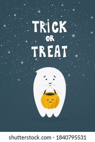 Cute little ghost with pumpkin. Cartoon character for your design funny Halloween greeting card. Vector illustration.